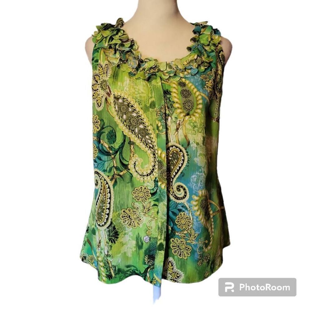Sioni Womens Green Paisley Sleeveless Top Size Small